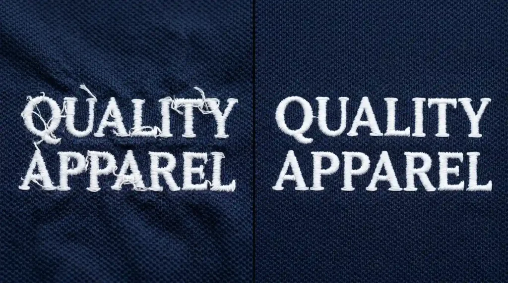 embroidery letter distortion and puckering on navy polo shirt without tackdown stitch