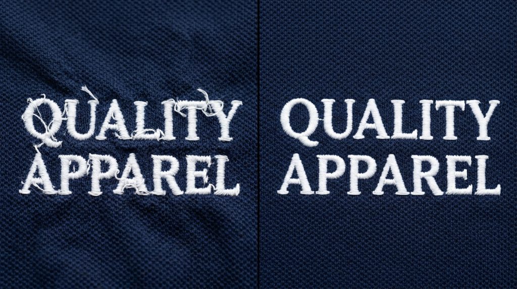 embroidery letter distortion and puckering on navy polo shirt without tackdown stitch