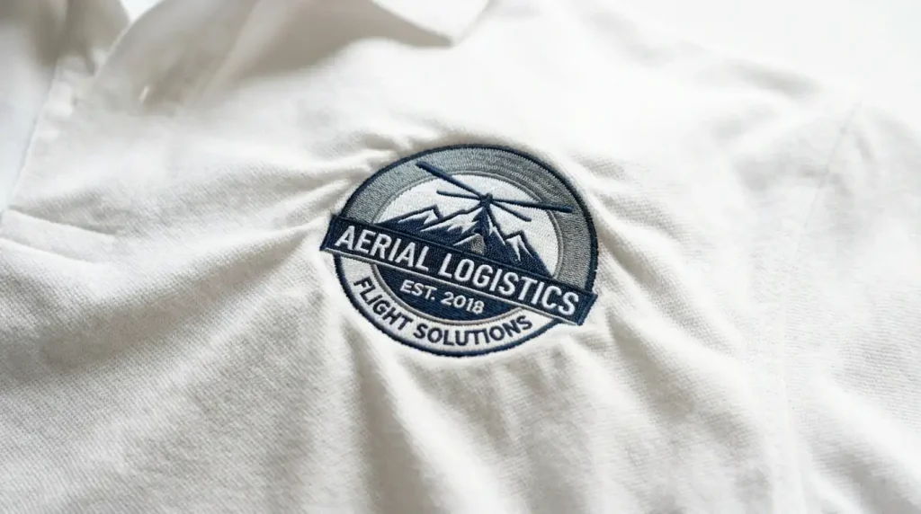 Fix puckering in embroidery - close-up of fabric bunching and rippling around embroidered logo on white polo shirt