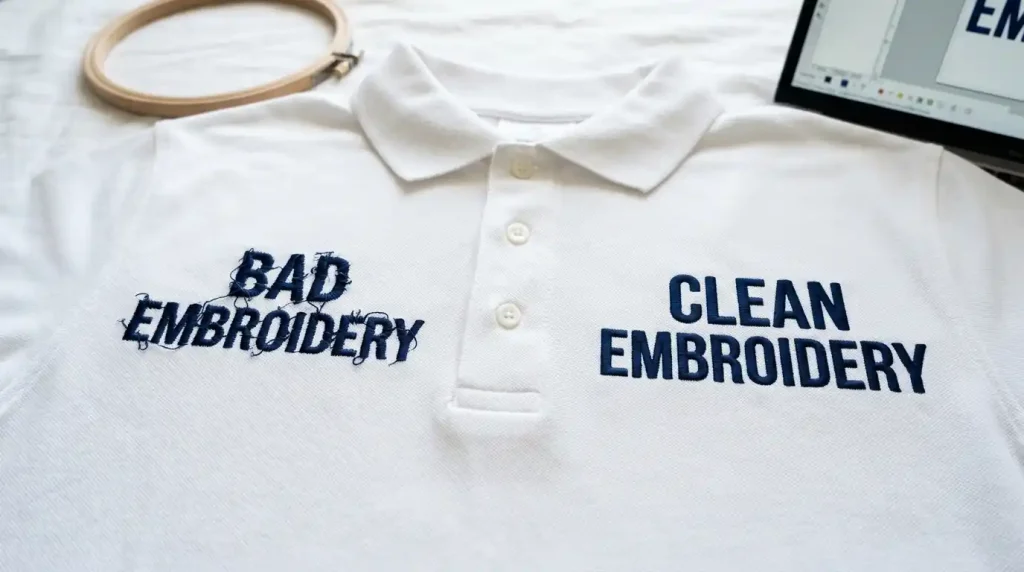 A close-up comparison of embroidered navy text on a white polo shirt, showing jagged letters on the left and smooth satin stitches on the right.