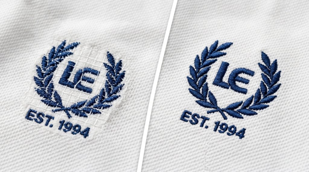 embroidery underlayment grid visible beneath satin stitches on white polo shirt