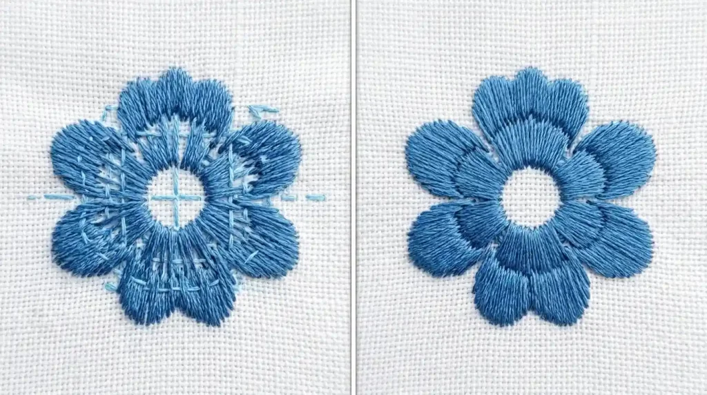 embroidery underlay causing bulk and stiffness vs clean flat result