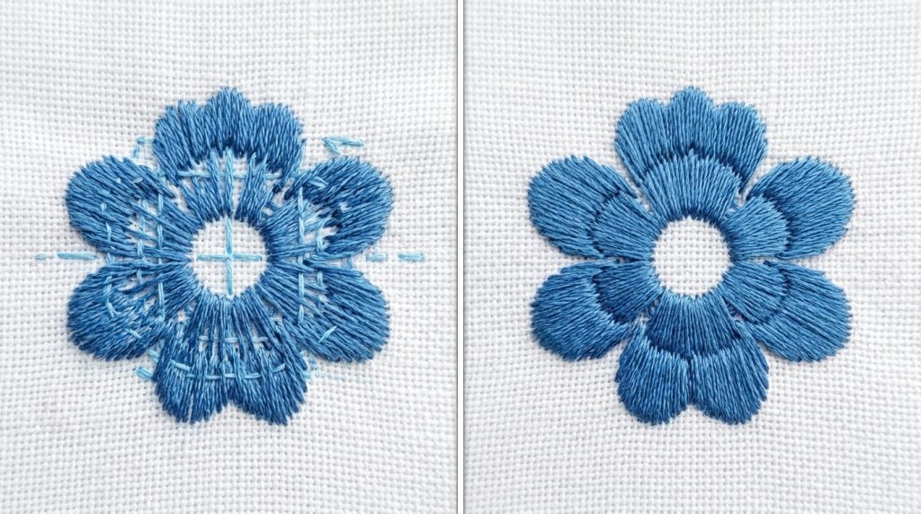 embroidery underlay causing bulk and stiffness vs clean flat result