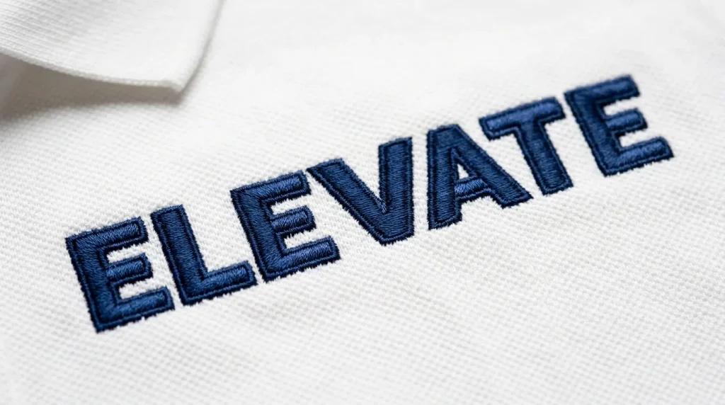 tackdown stitch around embroidery letters on white polo shirt