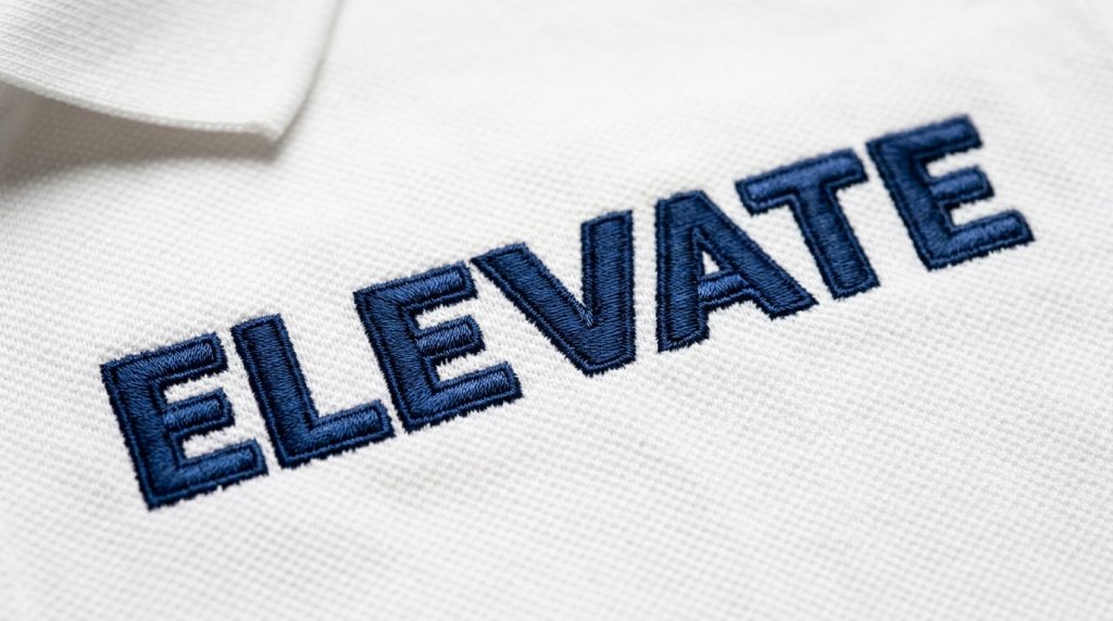 tackdown stitch around embroidery letters on white polo shirt