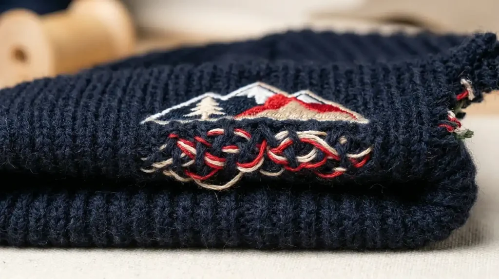 fabric showing through white embroidery on beanies caused by missing underlay