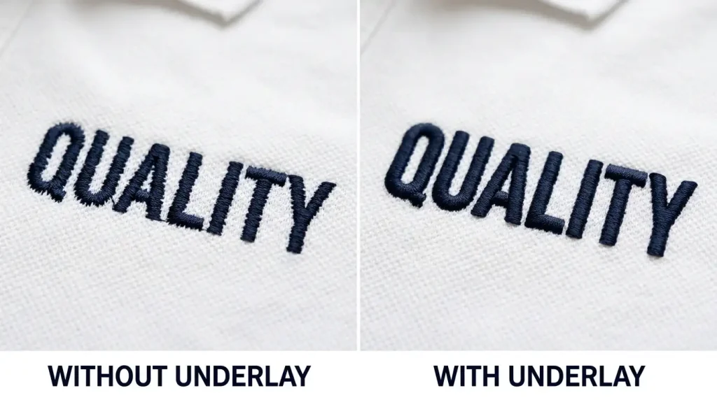Comparison of embroidery with and without center-run underlay on pique fabric.