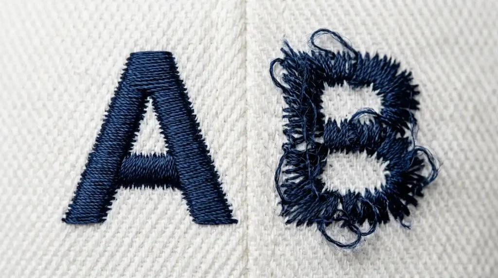 comparison of correct and incorrect satin stitch density around embroidered letters on white twill