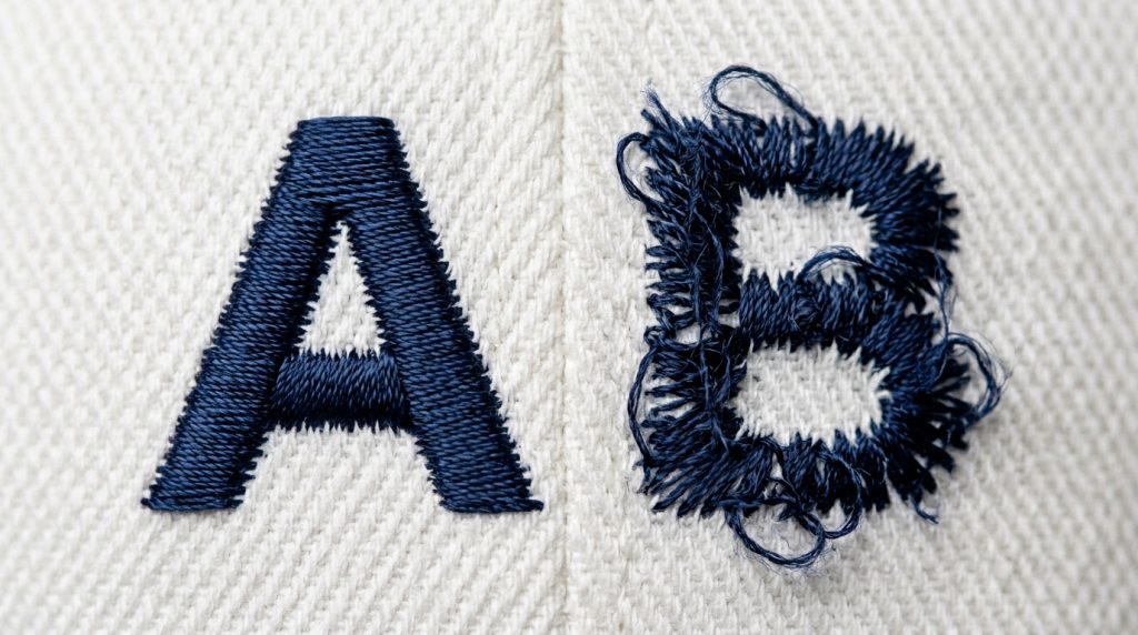 comparison of correct and incorrect satin stitch density around embroidered letters on white twill