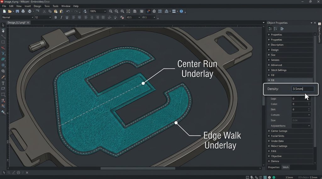 underlay settings in Wilcom to fix hat embroidery pinching same place