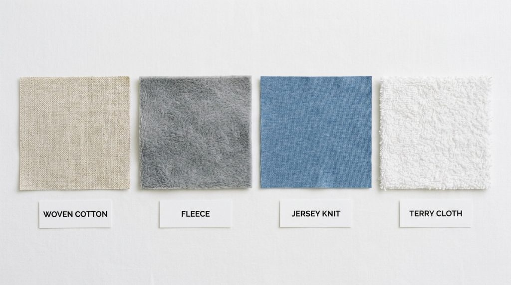four fabric swatches woven fleece jersey terry cloth for embroidery underlayment selection