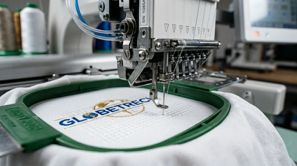 your design needs an underlayment embroidery machine stitching underlay on white polo