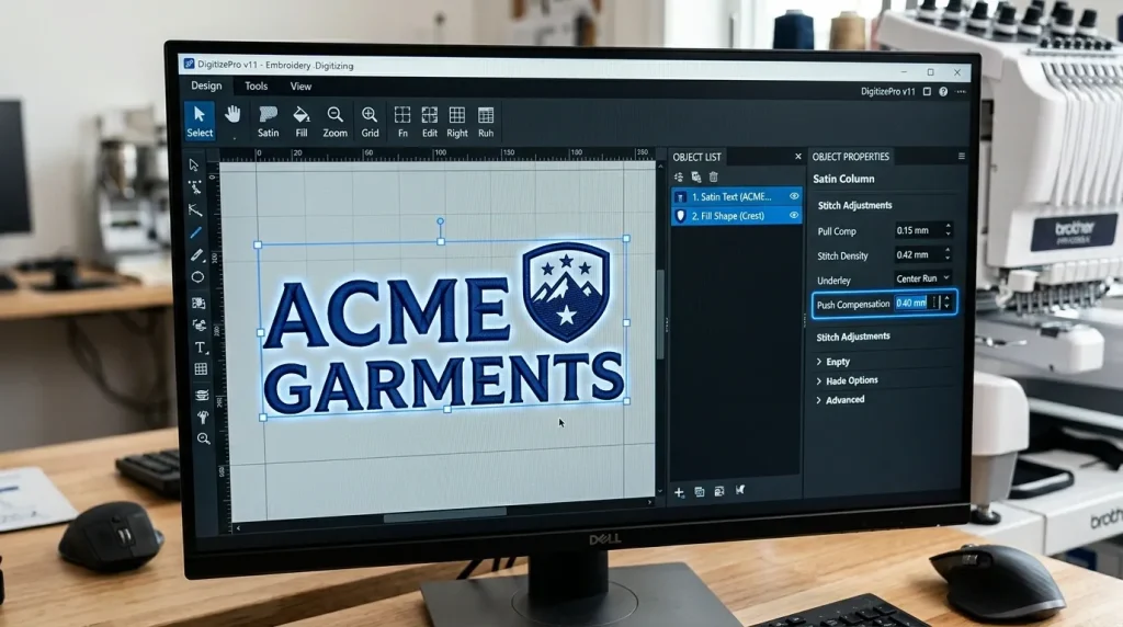 selecting satin elements to apply push compensation in digitizing software