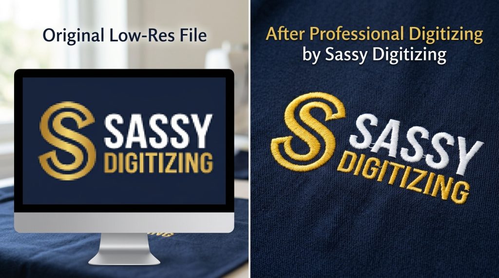 pixelated logo converted to professionally digitized embroidery file by Sassy Digitizing