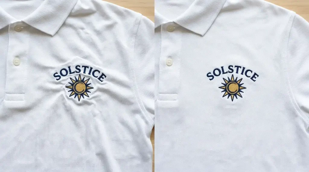 Before and after fix puckering in embroidery - puckered logo vs perfectly flat embroidery after full underlay and bottom-to-top stitching