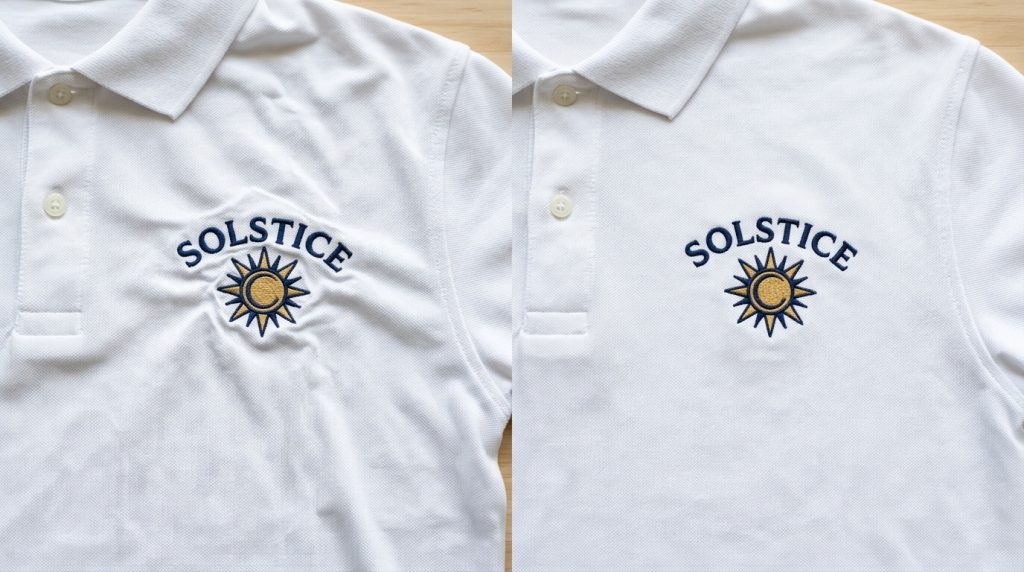 Before and after fix puckering in embroidery - puckered logo vs perfectly flat embroidery after full underlay and bottom-to-top stitching