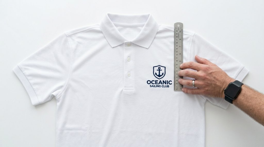 test sew-out of push compensation adjusted logo on white polyester polo