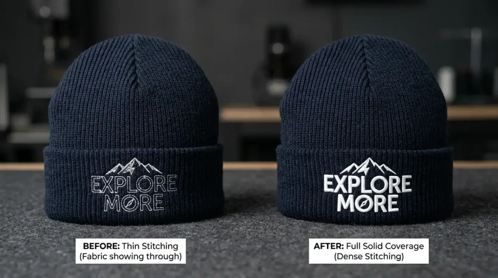 fabric showing through white embroidery on beanies before and after fix