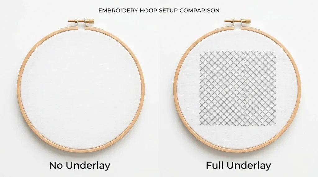 Full underlay to fix puckering in embroidery - no underlay vs full grid underlay comparison in embroidery hoop