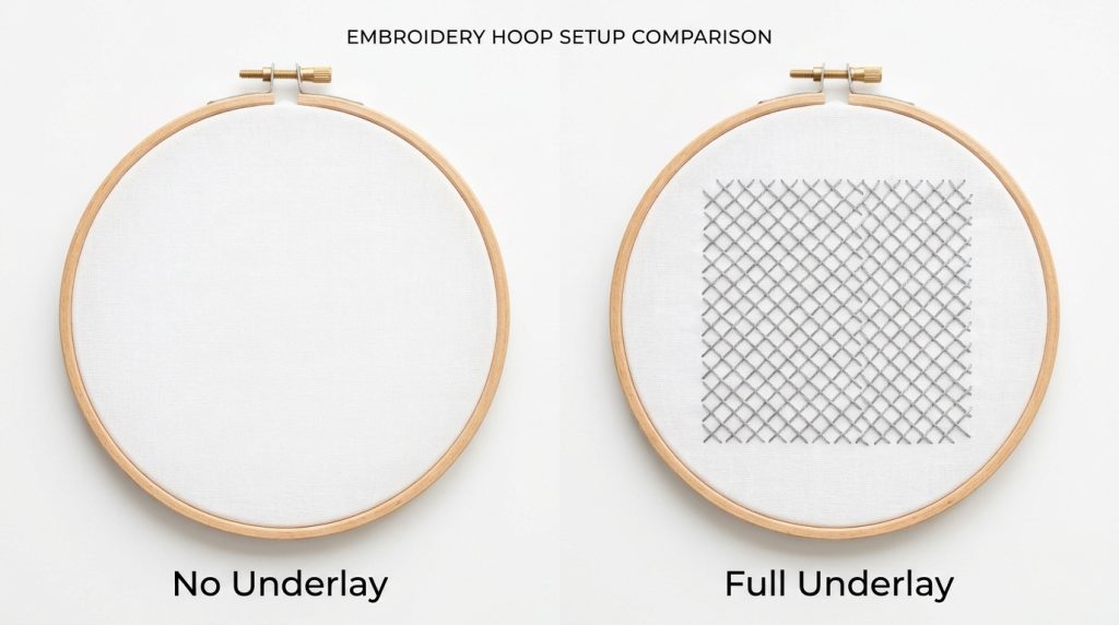 Full underlay to fix puckering in embroidery - no underlay vs full grid underlay comparison in embroidery hoop