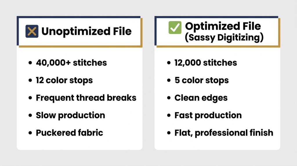 comparison chart unoptimized versus optimized embroidery file stitch count and color stops