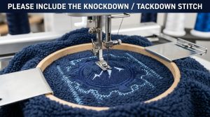 knockdown tackdown stitch embroidery on fleece fabric
