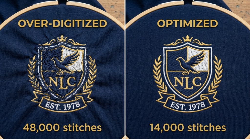 high stitch count embroidery slow comparison versus optimized digitized stitch file