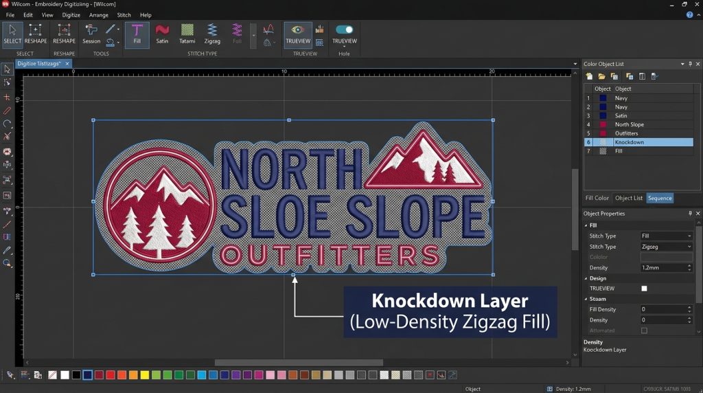 knockdown tackdown stitch embroidery layer added first in Wilcom software