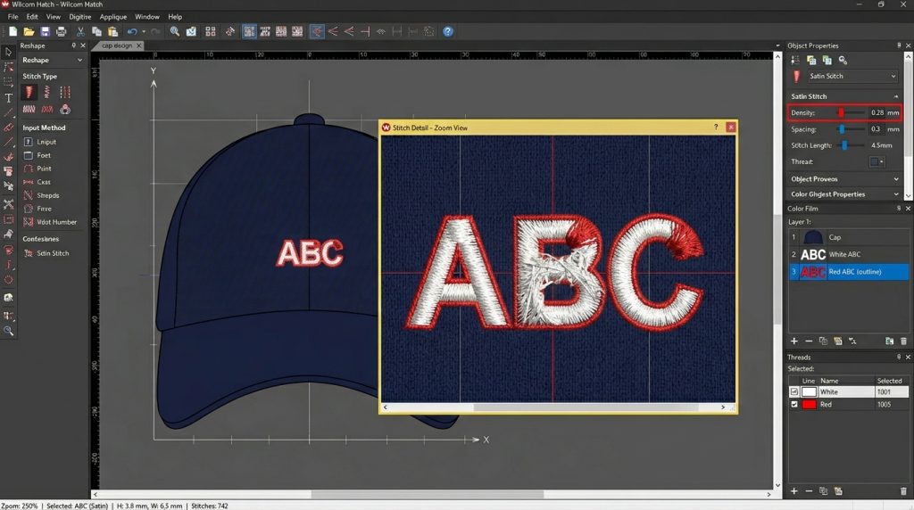 small text digitizing with overcrowded satin stitches