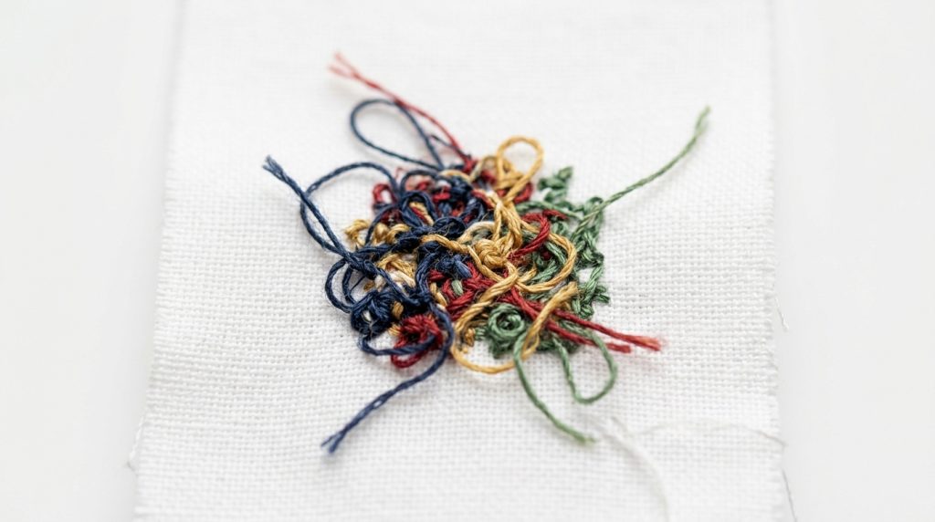 thread knot under fabric caused by tiny stitches