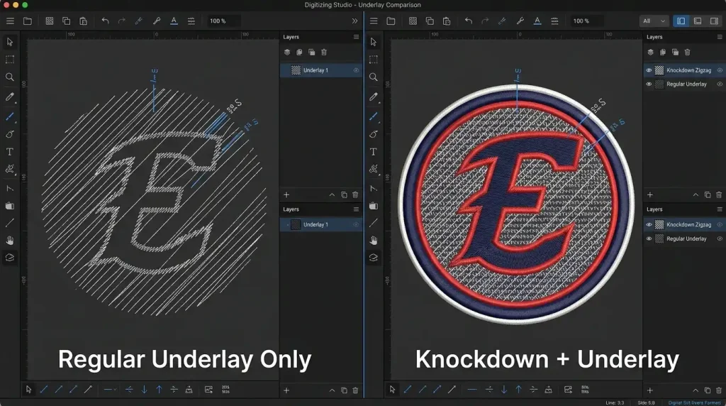 knockdown stitch versus underlay stitch comparison embroidery digitizing