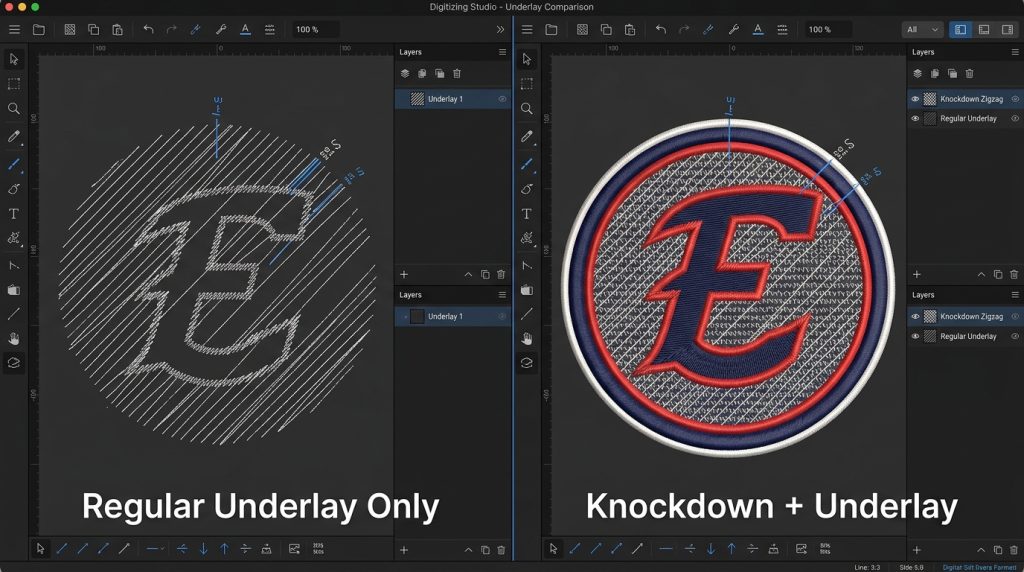 knockdown stitch versus underlay stitch comparison embroidery digitizing