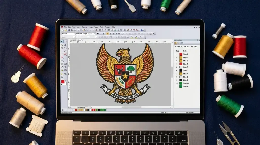 embroidery software screen showing high stitch count and 11 color stops in file audit