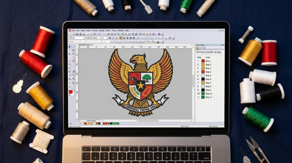 embroidery software screen showing high stitch count and 11 color stops in file audit