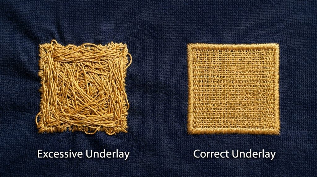 excessive underlay stitching adding hidden stitch count and slowing embroidery production