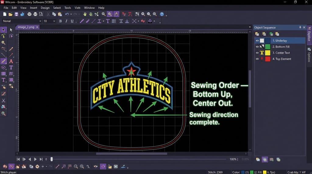 checking sewing order in Wilcom to stop hat embroidery pinching same place