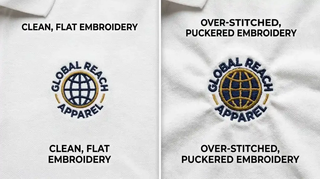 high stitch density embroidery problem vs clean flat embroidery comparison