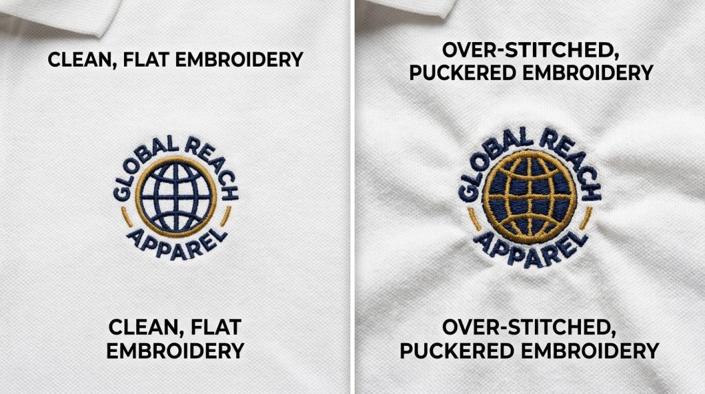 high stitch density embroidery problem vs clean flat embroidery comparison