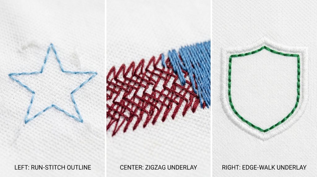 three types of embroidery underlay run stitch zigzag and edge walk on white fabric