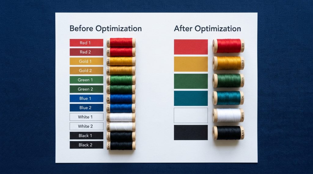 reducing thread color changes from 12 stops to 6 stops to fix slow embroidery production