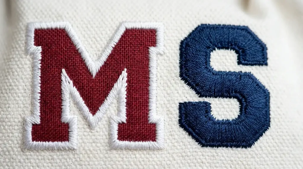 applique letter and fill stitch letter side by side showing tackdown stitch difference on white fabric