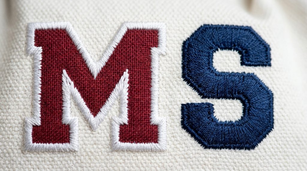 applique letter and fill stitch letter side by side showing tackdown stitch difference on white fabric