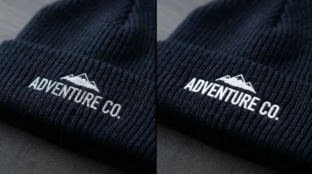 fabric showing through white embroidery on beanies due to low stitch density