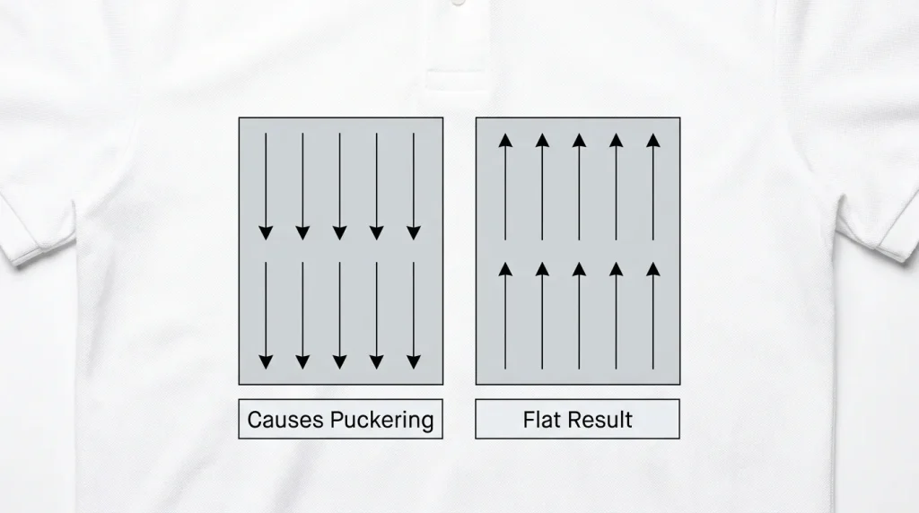 Bottom to top stitching direction to fix puckering in embroidery - top-to-bottom vs bottom-to-top fill angle diagram