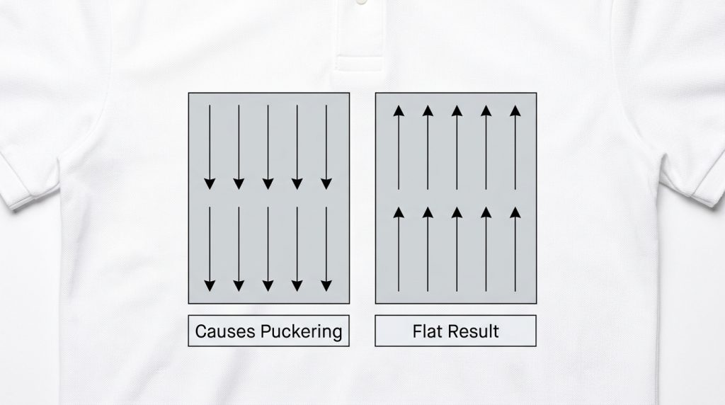 Bottom to top stitching direction to fix puckering in embroidery - top-to-bottom vs bottom-to-top fill angle diagram