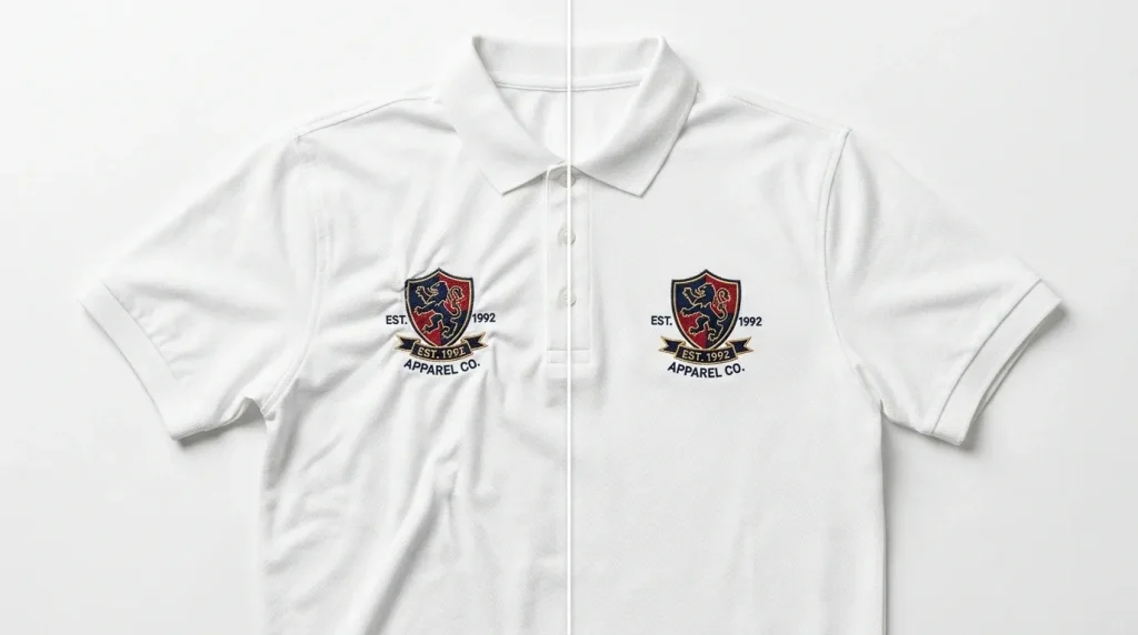 Fix puckering in embroidery - white polo shirt showing puckered logo on left and flat clean embroidery on right