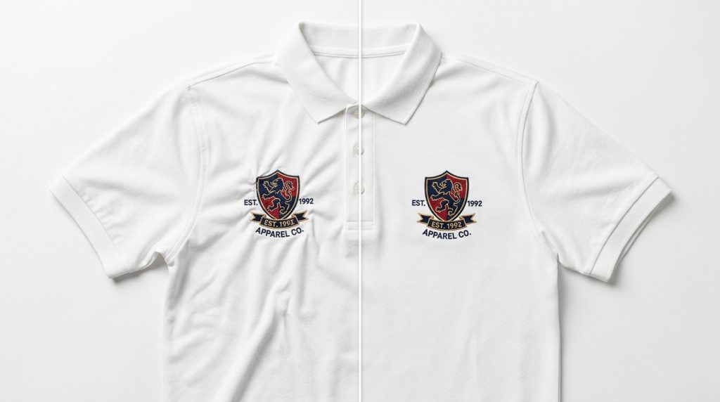 Fix puckering in embroidery - white polo shirt showing puckered logo on left and flat clean embroidery on right