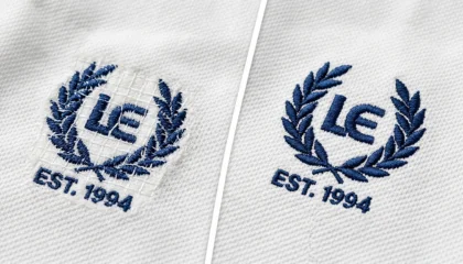 embroidery underlayment grid visible beneath satin stitches on white polo shirt