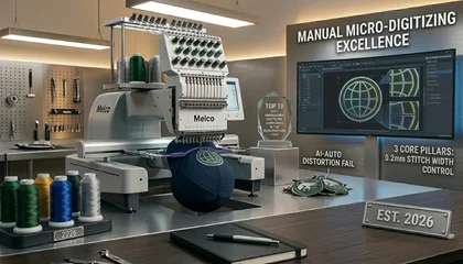A high-tech embroidery workshop featuring a Melco machine stitching a globe logo on a navy cap, with a digital screen showing 0.2mm stitch control and a "Top 10" award.