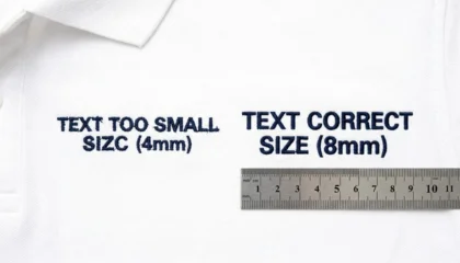 A close-up comparison of embroidered navy text on a white polo shirt, showing jagged letters on the left and smooth satin stitches on the right.